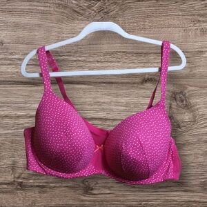 Cacique pink polkadot, lightly lined balconette underwire bra. 50C.